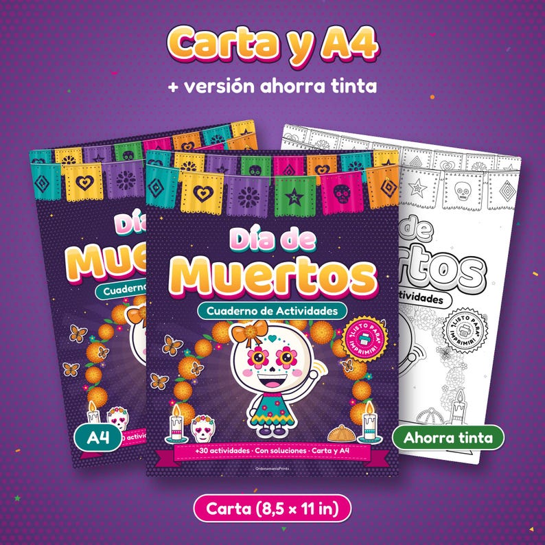 Tres portadas apiladas, la de A4 y la de Carta a color y la versión ahorra tinta en blanco y negro, con el título «Carta y A4 + versión ahorra tinta».