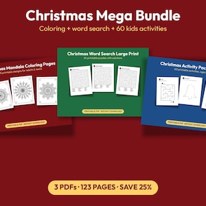 K&ouml;nnte beinhalten: Ein digitales Produktset namens Christmas Mega Bundle mit drei druckbaren PDF-Paketen: Christmas Mandala Coloring Pages, Christmas Word Search Large Print und Christmas Activity Pack for Kids. Das Set umfasst insgesamt 123 Seiten.