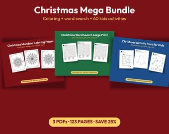 Julens Mega-paket: Mandala-målning, ordsökning i stor stil, barnaktiviteter (123 sidor PDF)