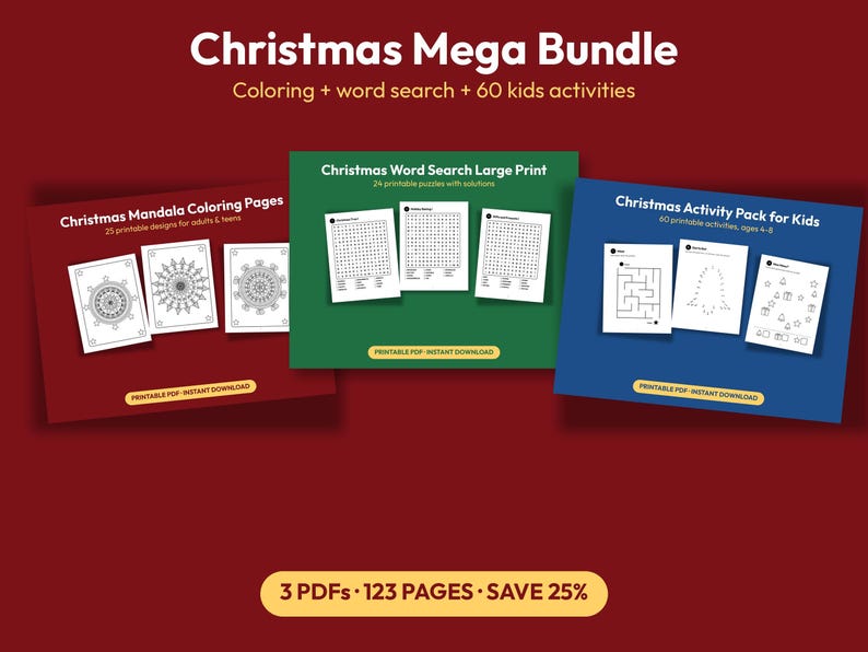 K&ouml;nnte beinhalten: Ein digitales Produktset namens Christmas Mega Bundle mit drei druckbaren PDF-Paketen: Christmas Mandala Coloring Pages, Christmas Word Search Large Print und Christmas Activity Pack for Kids. Das Set umfasst insgesamt 123 Seiten.