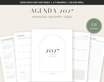 May include: A digital 2027 planner template featuring multiple page layouts including a calendar, monthly view for January, and daily planning sheets. The cover displays an arched graphic with the text 2027 AGENDA and 131 PÁGINAS.