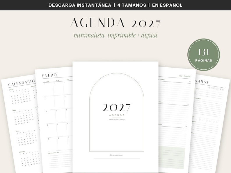May include: A digital 2027 planner template featuring multiple page layouts including a calendar, monthly view for January, and daily planning sheets. The cover displays an arched graphic with the text 2027 AGENDA and 131 P&Aacute;GINAS.