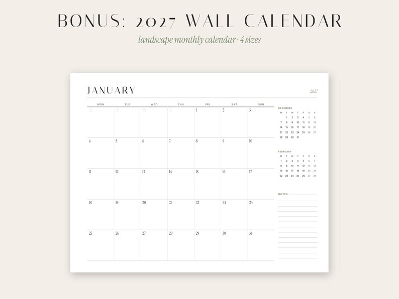 May include: A 2027 wall calendar in a landscape orientation featuring a monthly grid for January. The design is black and white with a clean layout, including small reference calendars for December and February, and a lined section for notes.