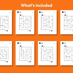 May include: Eight white rectangular sheets featuring black line maze puzzles arranged in two rows. Each sheet is labeled with the text Maze, Start, and Finish, and includes a black circle at the start point and a black star at the finish point.