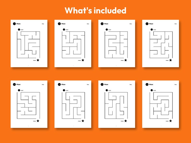 May include: Eight white rectangular sheets featuring black line maze puzzles arranged in two rows. Each sheet is labeled with the text Maze, Start, and Finish, and includes a black circle at the start point and a black star at the finish point.