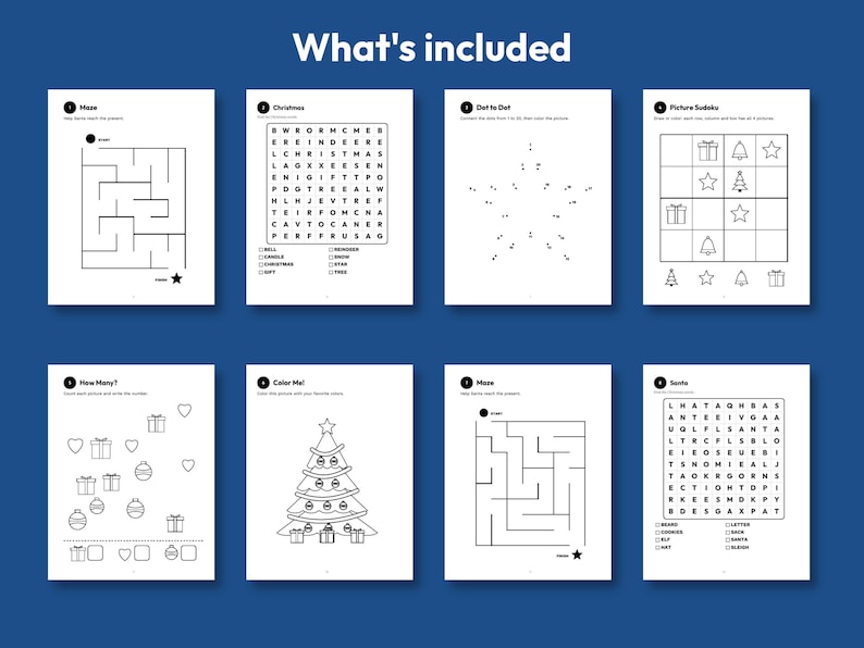 Puede incluir: Una colecci&oacute;n de ocho hojas de actividades imprimibles con dibujos de l&iacute;neas en blanco y negro sobre un fondo azul. Las p&aacute;ginas incluyen un laberinto, una sopa de letras navide&ntilde;a, una estrella de puntos, sudoku de im&aacute;genes, un juego de contar y un &aacute;rbol.