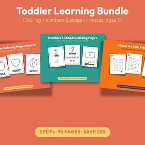May include: A digital toddler learning bundle featuring three printable PDF sets: colouring pages with apple, heart, and moon illustrations; numbers and shapes pages; and mazes. The text includes Toddler Learning Bundle, Colouring + numbers & shapes + mazes, and 3 PDFs 93 pages.
