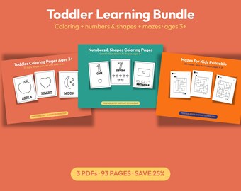 Puede incluir: Un paquete de aprendizaje digital para niños pequeños con tres conjuntos de PDF imprimibles: páginas para colorear con ilustraciones de manzana, corazón y luna, páginas de números y formas, y laberintos. El texto incluye Toddler Learning Bundle y 3 PDFs 93 pages.