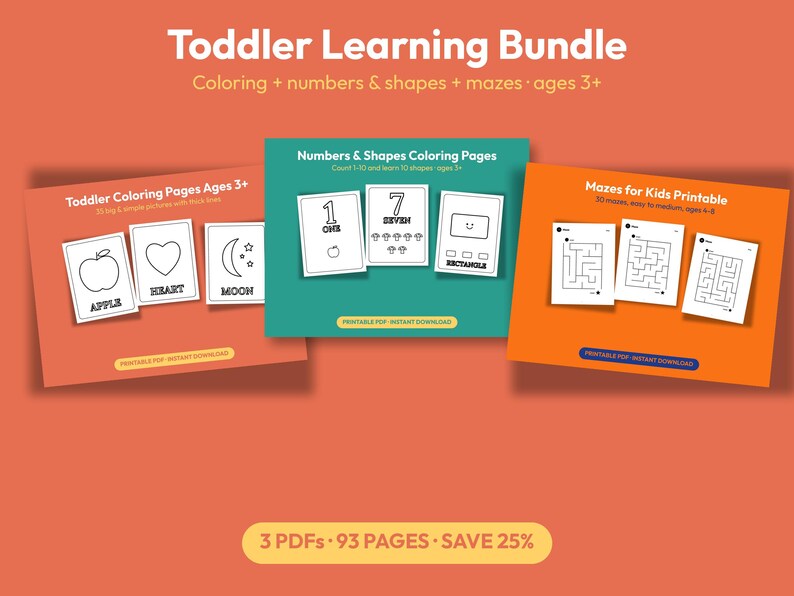 May include: A digital toddler learning bundle featuring three printable PDF sets: colouring pages with apple, heart, and moon illustrations; numbers and shapes pages; and mazes. The text includes Toddler Learning Bundle, Colouring + numbers & shapes + mazes, and 3 PDFs 93 pages.
