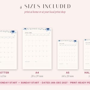 May include: Four printable calendar templates for January 2027 with blue watercolor floral accents. Sizes include US Letter 8.5 x 11 in, A4 210 x 297 mm, A5 148 x 210 mm, and Half Letter 5.5 x 8.5 in. Features Monday and Sunday start options.