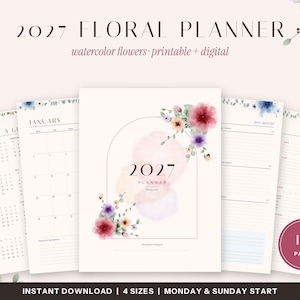 May include: A 2027 floral planner featuring watercolor flowers, printable and digital formats. The set includes a year-at-a-glance page, monthly calendar, and daily layouts with 131 pages total. The design uses soft pastel arches.