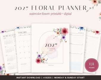 2027 Watercolor Floral Planner, Dated Monthly Weekly Daily, Habit Tracker (Digital Download)