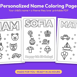 May include: Three printable colouring pages featuring the names LIAM, SOFIA, and MATEO in bold outline font. Each page includes black and white line art illustrations of animals, nature, and toys, with the text Happy 4th Birthday on one page.
