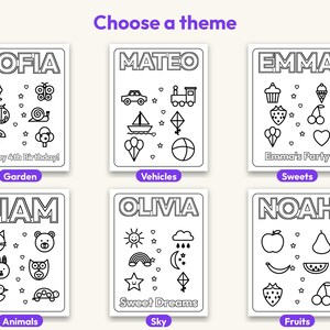 May include: Six rectangular colouring pages with black outlines on white backgrounds. Each page features a name at the top, various icons, and small hearts and stars. Themes include Garden, Vehicles, Sweets, Animals, Sky, and Fruits. Text includes names like Sofia, Mateo, Emma, Liam, Olivia, Noah, and phrases like Happy 4th Birthday, Emma's Party, and Sweet Dreams.
