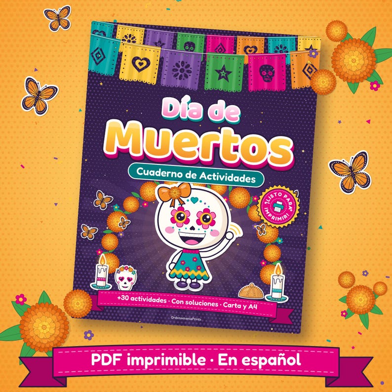 Portada del cuaderno «Día de Muertos, Cuaderno de Actividades», con Cata, la calaverita que saluda, rodeada de flores de cempasúchil, velas y mariposas monarca, sobre un fondo naranja; abajo, una cinta dice «PDF imprimible · En español».