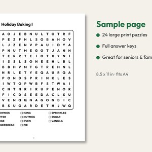 May include: A word search puzzle page titled Holiday Baking I with a grid of letters and a list of words including Brownies, Butter, Fudge, Gingerbread, Icing, Nutmeg, Oven, Pie, Sprinkles, Sugar, and Vanilla. The text indicates 24 large print puzzles.