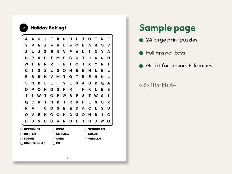 May include: A word search puzzle page titled Holiday Baking I with a grid of letters and a list of words including Brownies, Butter, Fudge, Gingerbread, Icing, Nutmeg, Oven, Pie, Sprinkles, Sugar, and Vanilla. The text indicates 24 large print puzzles.