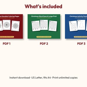 K&ouml;nnte beinhalten: Drei digitale Aktivit&auml;tssets mit der Bezeichnung PDF 1, PDF 2 und PDF 3. Das erste ist ein rotes Set mit Weihnachts-Mandala-Malvorlagen, das zweite ein gr&uuml;nes Set mit Weihnachts-Wortsuchr&auml;tseln und das dritte ein blaues Weihnachts-Aktivit&auml;tspaket f&uuml;r Kinder.