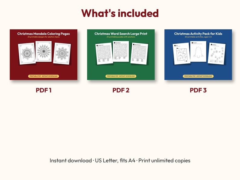 K&ouml;nnte beinhalten: Drei digitale Aktivit&auml;tssets mit der Bezeichnung PDF 1, PDF 2 und PDF 3. Das erste ist ein rotes Set mit Weihnachts-Mandala-Malvorlagen, das zweite ein gr&uuml;nes Set mit Weihnachts-Wortsuchr&auml;tseln und das dritte ein blaues Weihnachts-Aktivit&auml;tspaket f&uuml;r Kinder.