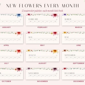 May include: A 12-month calendar planner featuring the text NEW FLOWERS EVERY MONTH and 12 watercolor palettes: each month feels fresh. Each month section displays the month name, days of the week, and floral watercolor illustrations.