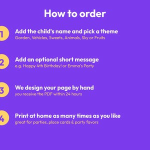 May include: A purple instructional graphic titled How to order with four numbered yellow circles. Steps include: 1. Add the child's name and pick a theme (Garden, Vehicles, Sweets, Animals, Sky or Fruits), 2. Add an optional short message, 3. We design your page by hand, 4. Print at home as many times as you like, great for parties, place cards & party favours.