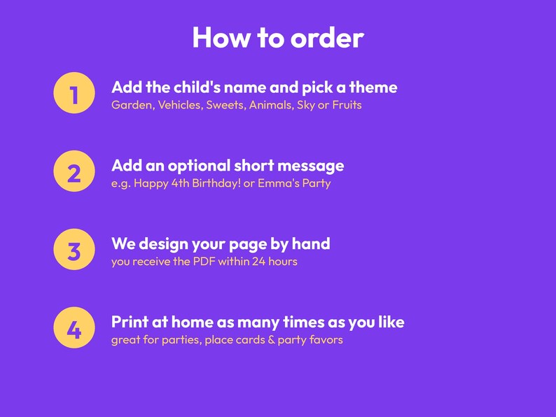 May include: A purple instructional graphic titled How to order with four numbered yellow circles. Steps include: 1. Add the child's name and pick a theme (Garden, Vehicles, Sweets, Animals, Sky or Fruits), 2. Add an optional short message, 3. We design your page by hand, 4. Print at home as many times as you like, great for parties, place cards & party favours.