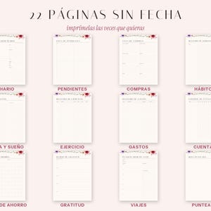 Puede incluir: Un conjunto de 22 p&aacute;ginas de planificador sin fecha con encabezados florales en morado y rojo. Las p&aacute;ginas incluyen plantillas para planificaci&oacute;n diaria, listas de tareas, compras, h&aacute;bitos, seguimiento de agua y sue&ntilde;o, ejercicio, gastos, cuentas, ahorro, gratitud, viajes y dise&ntilde;os de puntos.