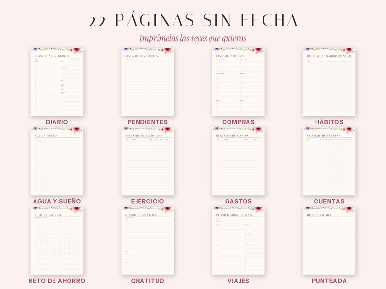 Puede incluir: Un conjunto de 22 p&aacute;ginas de planificador sin fecha con encabezados florales en morado y rojo. Las p&aacute;ginas incluyen plantillas para planificaci&oacute;n diaria, listas de tareas, compras, h&aacute;bitos, seguimiento de agua y sue&ntilde;o, ejercicio, gastos, cuentas, ahorro, gratitud, viajes y dise&ntilde;os de puntos.