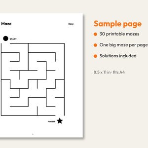 May include: A printable maze activity sheet featuring a black and white square puzzle with a start circle and finish star. The page is labeled 11 Maze Easy. Text on the right indicates 30 printable mazes, one big maze per page, solutions included, and 8.5 x 11 in size.