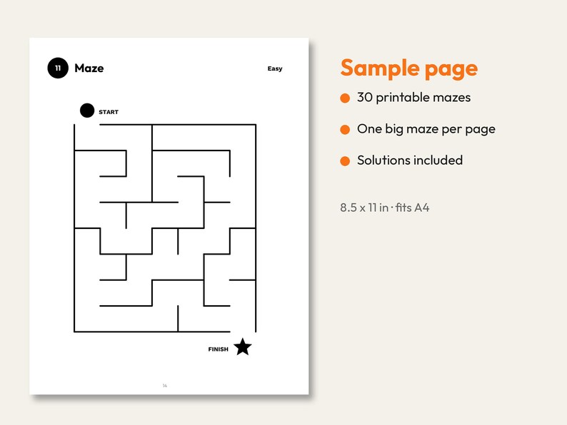 May include: A printable maze activity sheet featuring a black and white square puzzle with a start circle and finish star. The page is labeled 11 Maze Easy. Text on the right indicates 30 printable mazes, one big maze per page, solutions included, and 8.5 x 11 in size.