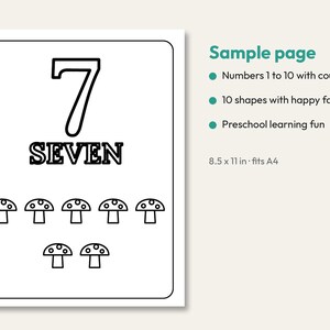 Puede incluir: Una p&aacute;gina para colorear imprimible en blanco y negro con el n&uacute;mero 7 y la palabra SEVEN en fuente de contorno grande, acompa&ntilde;ada de siete peque&ntilde;as ilustraciones de hongos. El texto Sample page, Numbers 1 to 10 with counting, 10 shapes with happy faces, Preschool learning fun y 8.5 x 11 in fits A4 es visible.
