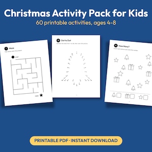 Puede incluir: Un paquete de actividades navide&ntilde;as para ni&ntilde;os con 60 actividades imprimibles para edades de 4 a 8 a&ntilde;os. La imagen muestra tres p&aacute;ginas blancas con arte lineal negro: un laberinto, un punto a punto de campana y una hoja de conteo.