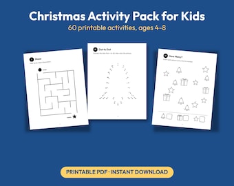 Puede incluir: Un paquete de actividades navideñas para niños con 60 actividades imprimibles para edades de 4 a 8 años. La imagen muestra tres páginas blancas con arte lineal negro: un laberinto, un punto a punto de campana y una hoja de conteo.