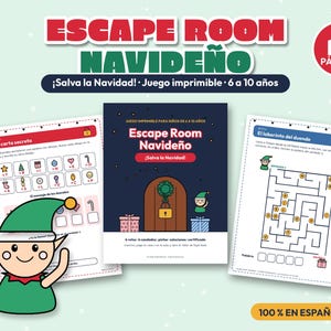 Puede incluir: Un juego de escape room navideño imprimible de 15 páginas. Los documentos incluyen un acertijo de carta secreta, un laberinto titulado El laberinto del duende y una portada con una puerta, regalos y la ilustración de un elfo.