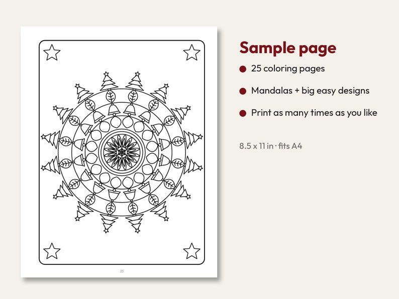 K&ouml;nnte beinhalten: Eine schwarz-wei&szlig;e Malvorlage mit einem kreisf&ouml;rmigen Mandala-Design aus Weihnachtsb&auml;umen, Glocken und Sternen. Der Text lautet: Sample page, 25 coloring pages, Mandalas + big easy designs, Print as many times as you like, 8.5 x 11 in fits A4.