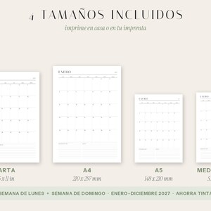 May include: Four printable calendar templates in Carta, A4, A5, and Media Carta sizes. Each white page features a monthly grid for January 2027, labeled with days of the week, numbered dates, and lined sections for notes at the bottom of the page.