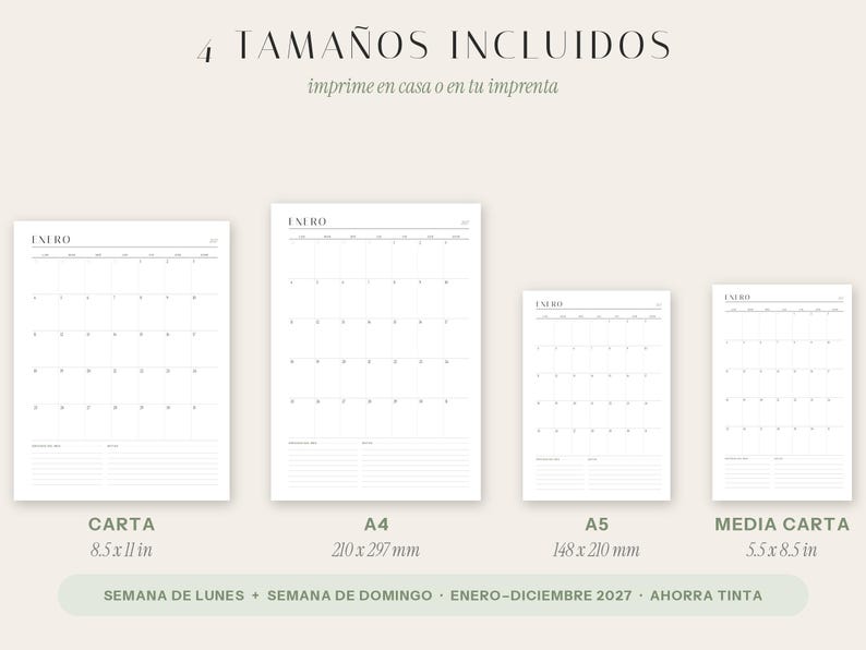 May include: Four printable calendar templates in Carta, A4, A5, and Media Carta sizes. Each white page features a monthly grid for January 2027, labeled with days of the week, numbered dates, and lined sections for notes at the bottom of the page.