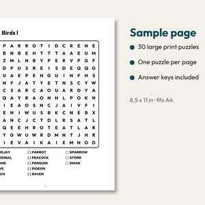 May include: A word search puzzle page titled Birds I with a grid of letters and a list of bird names including bluejay, cardinal, crane, dove, finch, parrot, peacock, penguin, pigeon, raven, sparrow, stork, and swan. Text indicates 30 large print puzzles.