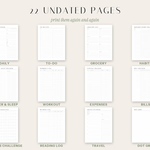 May include: A collection of 22 undated planner pages featuring white paper with black text and lines. The set includes templates for daily planning, to-do lists, grocery lists, habit tracking, water and sleep logs, workout logs, expense trackers, bill trackers, savings challenges, reading logs, travel planning, and dot grid pages.