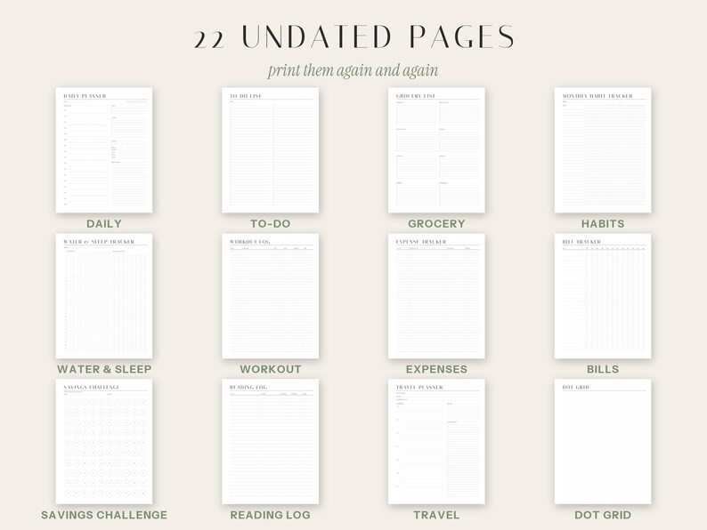 May include: A collection of 22 undated planner pages featuring white paper with black text and lines. The set includes templates for daily planning, to-do lists, grocery lists, habit tracking, water and sleep logs, workout logs, expense trackers, bill trackers, savings challenges, reading logs, travel planning, and dot grid pages.