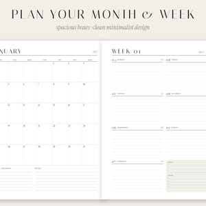 May include: A two-page planner layout featuring a monthly calendar for January on the left and a weekly schedule on the right. The text reads PLAN YOUR MONTH & WEEK, spacious boxes, clean minimalist design, JANUARY, and WEEK 01.