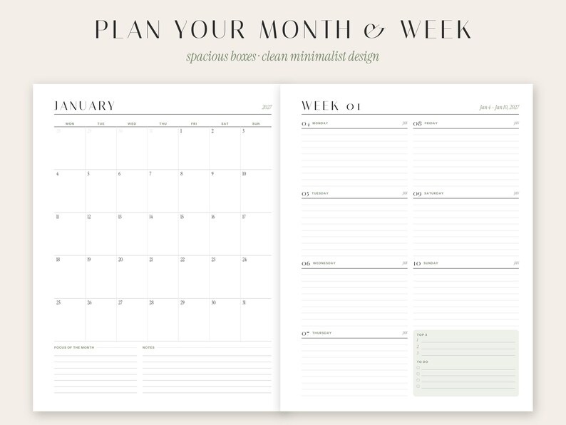 May include: A two-page planner layout featuring a monthly calendar for January on the left and a weekly schedule on the right. The text reads PLAN YOUR MONTH & WEEK, spacious boxes, clean minimalist design, JANUARY, and WEEK 01.