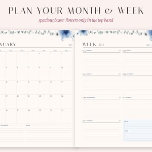 May include: A two-page planner layout featuring a monthly calendar for January and a weekly schedule. The top borders are decorated with blue watercolor flowers. Text includes PLAN YOUR MONTH & WEEK, JANUARY, and WEEK 01 with daily lines.