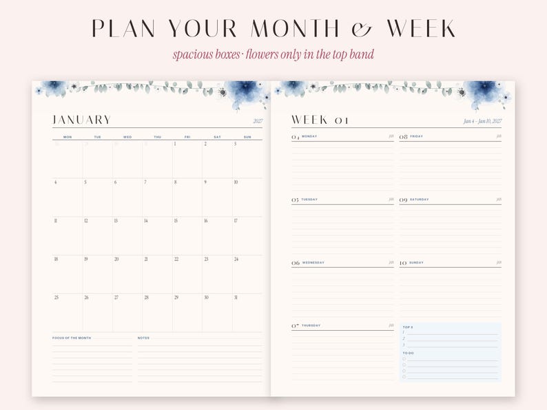 May include: A two-page planner layout featuring a monthly calendar for January and a weekly schedule. The top borders are decorated with blue watercolor flowers. Text includes PLAN YOUR MONTH & WEEK, JANUARY, and WEEK 01 with daily lines.
