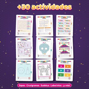 Cuadrícula de nueve páginas interiores del cuaderno (sopa de letras, crucigrama, ordena las letras, sudokus de dibujos, laberinto calavera, siete diferencias, une los puntos, alebrije para colorear y papel picado recortable) bajo el título «+30 actividades».