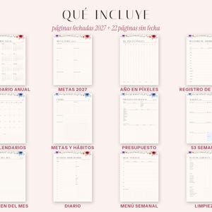 Puede incluir: Un conjunto de planificador digital con doce p&aacute;ginas con encabezados florales, incluyendo un calendario anual 2027, metas, presupuestos, men&uacute;s semanales y planes de limpieza. El texto incluye 'QU&Eacute; INCLUYE', 'p&aacute;ginas fechadas 2027 + 22 p&aacute;ginas sin fecha' y etiquetas en espa&ntilde;ol para cada dise&ntilde;o de p&aacute;gina.
