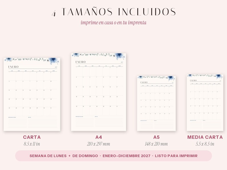 Puede incluir: Cuatro plantillas de calendario imprimibles para enero de 2027, con un encabezado floral de acuarela azul. Los tama&ntilde;os incluyen 210 x 297 mm, 148 x 210 mm, 8.5 x 11 pulgadas y 5.5 x 8.5 pulgadas. Texto: 4 TAMA&Ntilde;OS INCLUIDOS y ENERO.