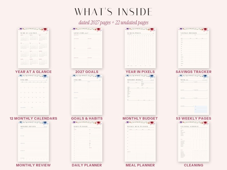 May include: A digital planner layout featuring twelve pages with floral headers. Text includes WHAT'S INSIDE, dated 2027 pages + 22 undated pages, YEAR AT A GLANCE, 2027 GOALS, YEAR IN PIXELS, SAVINGS TRACKER, 12 MONTHLY CALENDARS, GOALS & HABITS, MONTHLY BUDGET, 53 WEEKLY PAGES, MONTHLY REVIEW, DAILY PLANNER, MEAL PLANNER, and CLEANING.