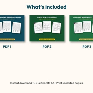 May include: Three digital puzzle sets labeled PDF 1, PDF 2, and PDF 3. The first is a dark teal Large Print Word Search for Seniors, the second is a green Extra Large Print Sudoku, and the third is a green Christmas Word Search Large Print.