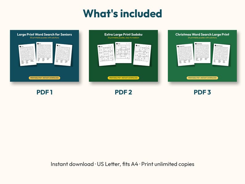 May include: Three digital puzzle sets labeled PDF 1, PDF 2, and PDF 3. The first is a dark teal Large Print Word Search for Seniors, the second is a green Extra Large Print Sudoku, and the third is a green Christmas Word Search Large Print.